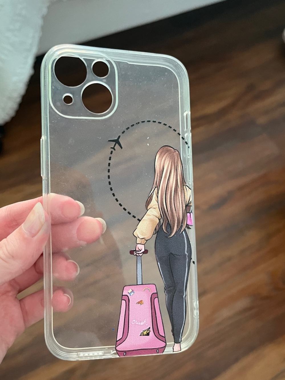 Clear Travel-Themed Phone Case with Pink Suitcase Graphic